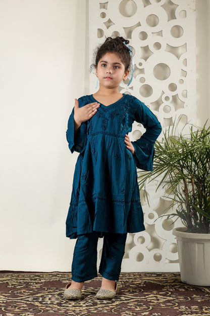 Little Fariya - Navy Chikankari Frill Style Frock Kidswear Set - Famous Chikankari