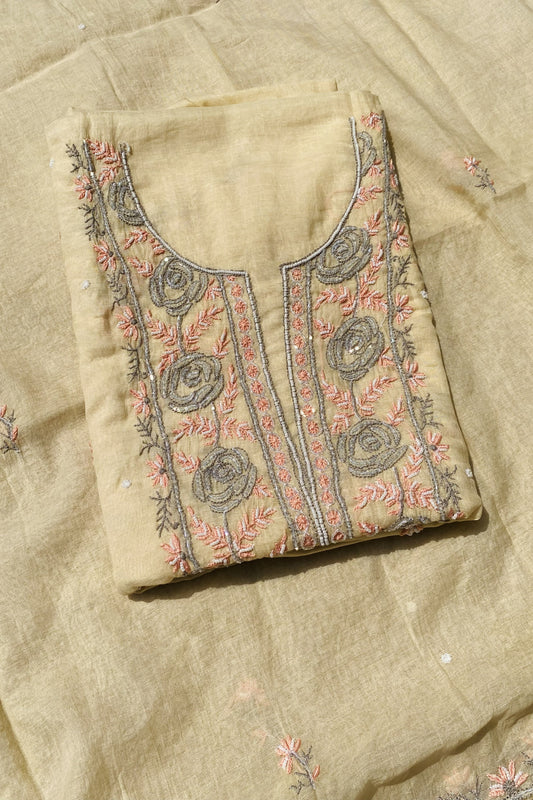 Noor-e-Mulmul Dull Yellow Chikankari Unstitched Set
