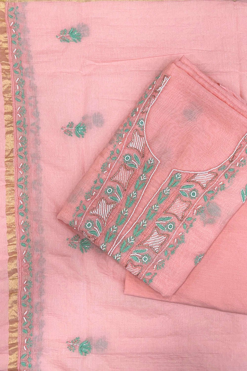 Noor-e-mulmul Peach Unstitched Chikankari Set