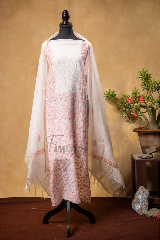 Off White Chikankari Jaalwork Mul Chanderi Unstiched Dress