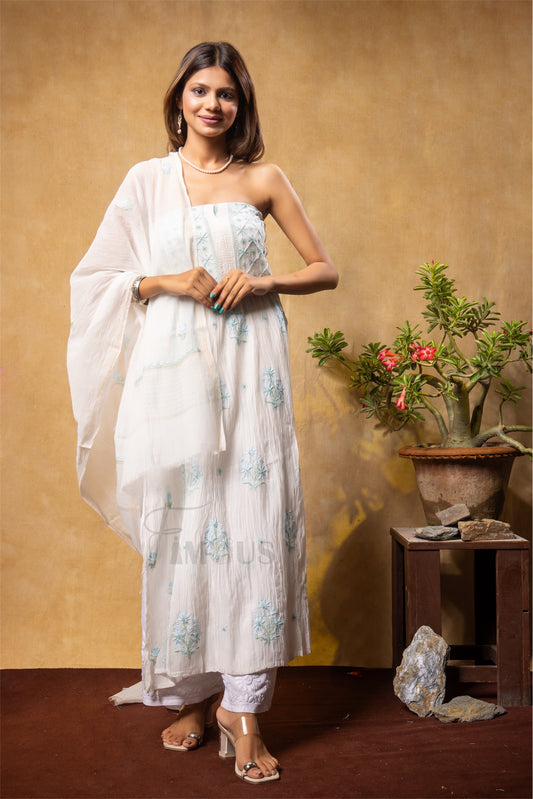 Off White Chikankari Semi-Stitched Gown With Dupatta