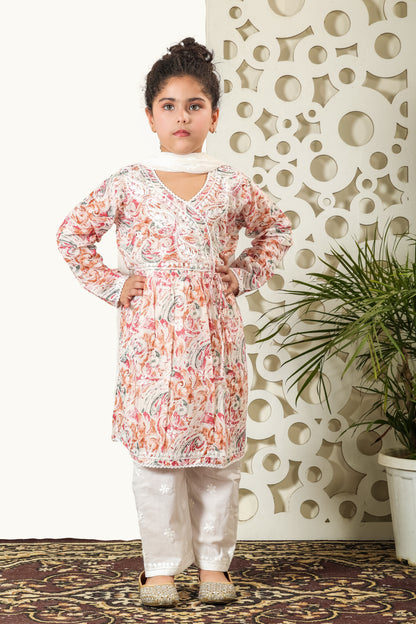 Fiza Angarkha Mul Print Kids Chikankari Set - Peach - Famous Chikankari