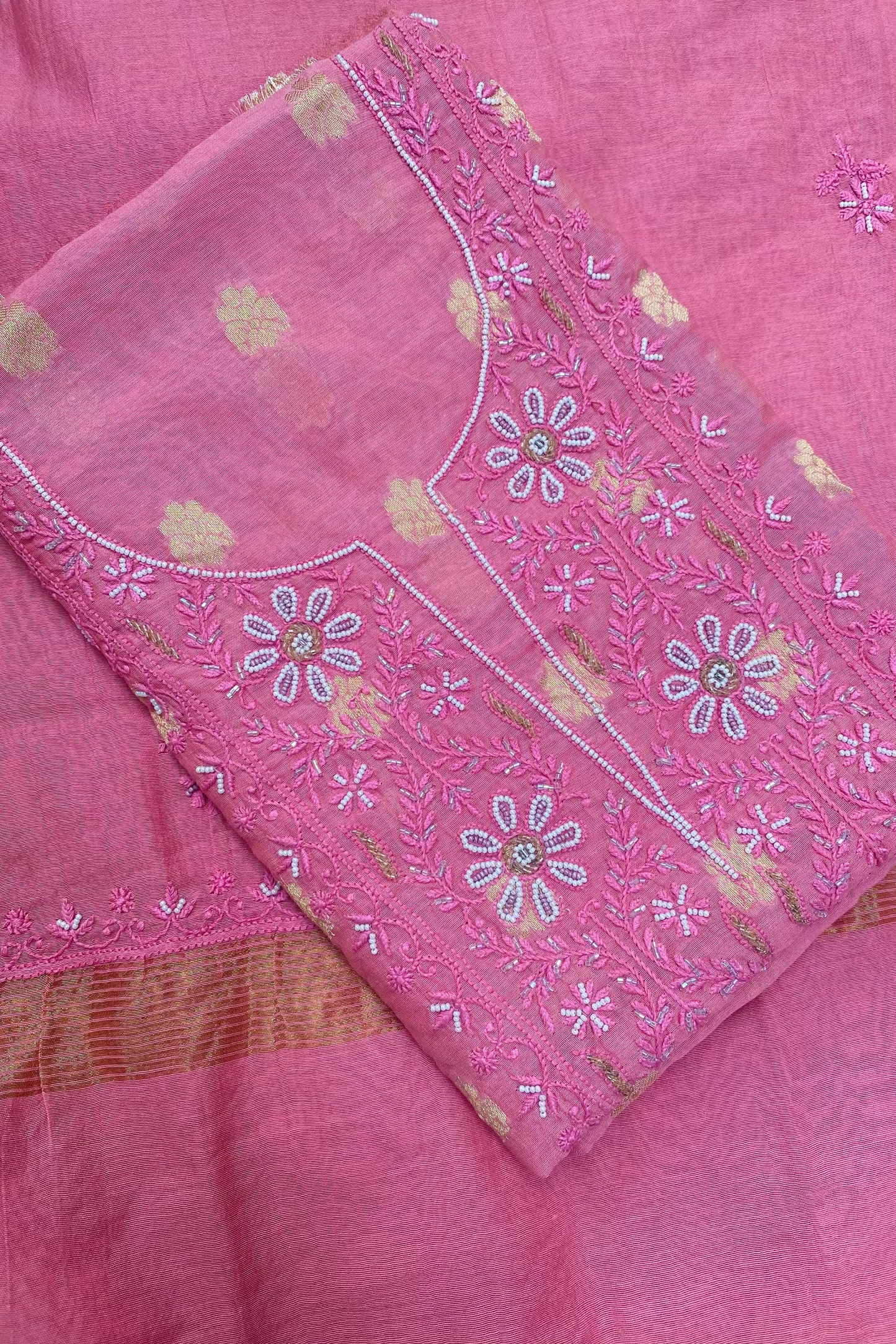 Peachish Pink Chanderi Silk Chikankari Unstitched Suit