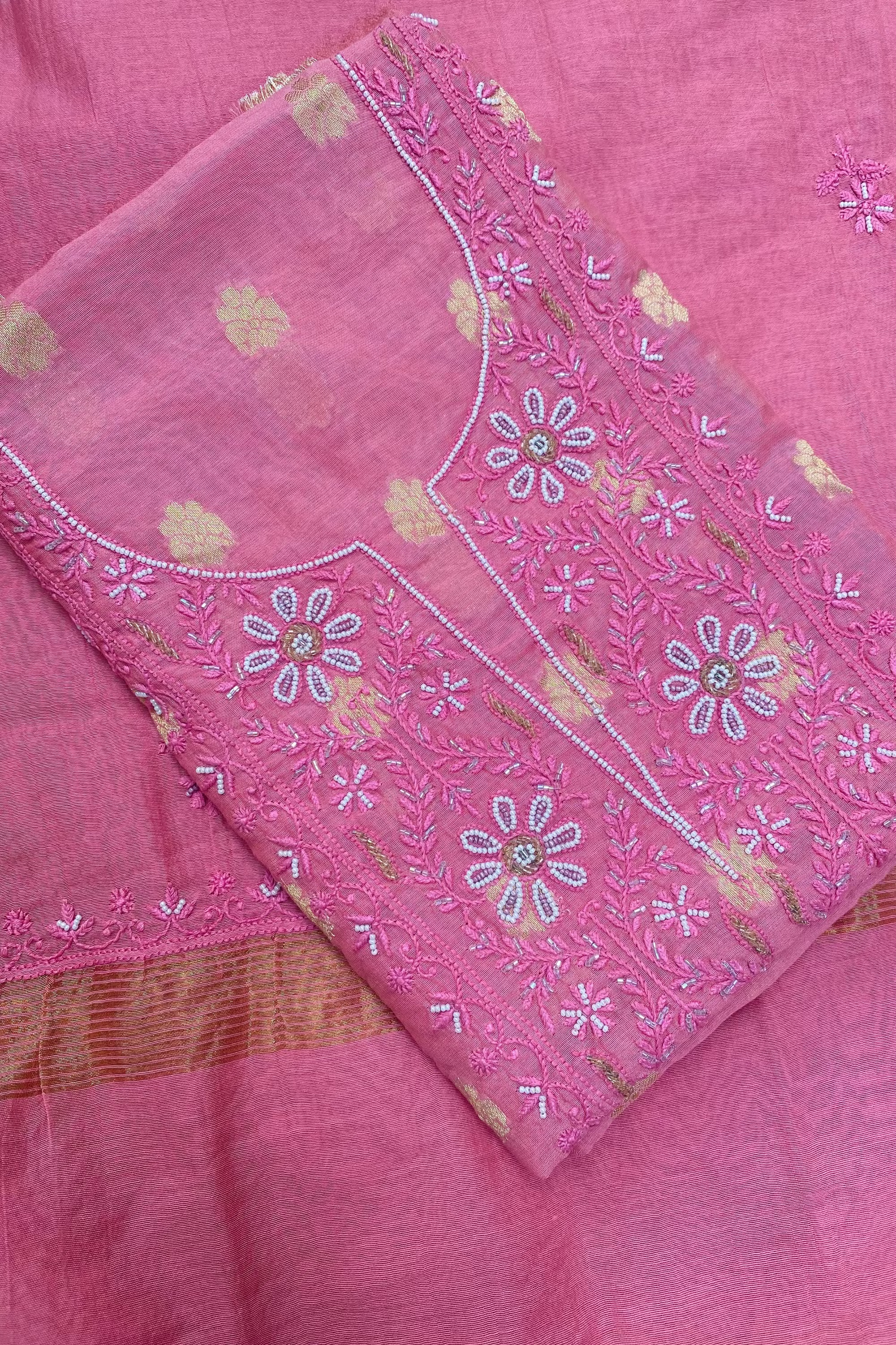 Peachish Pink Chanderi Silk Chikankari Unstitched Suit