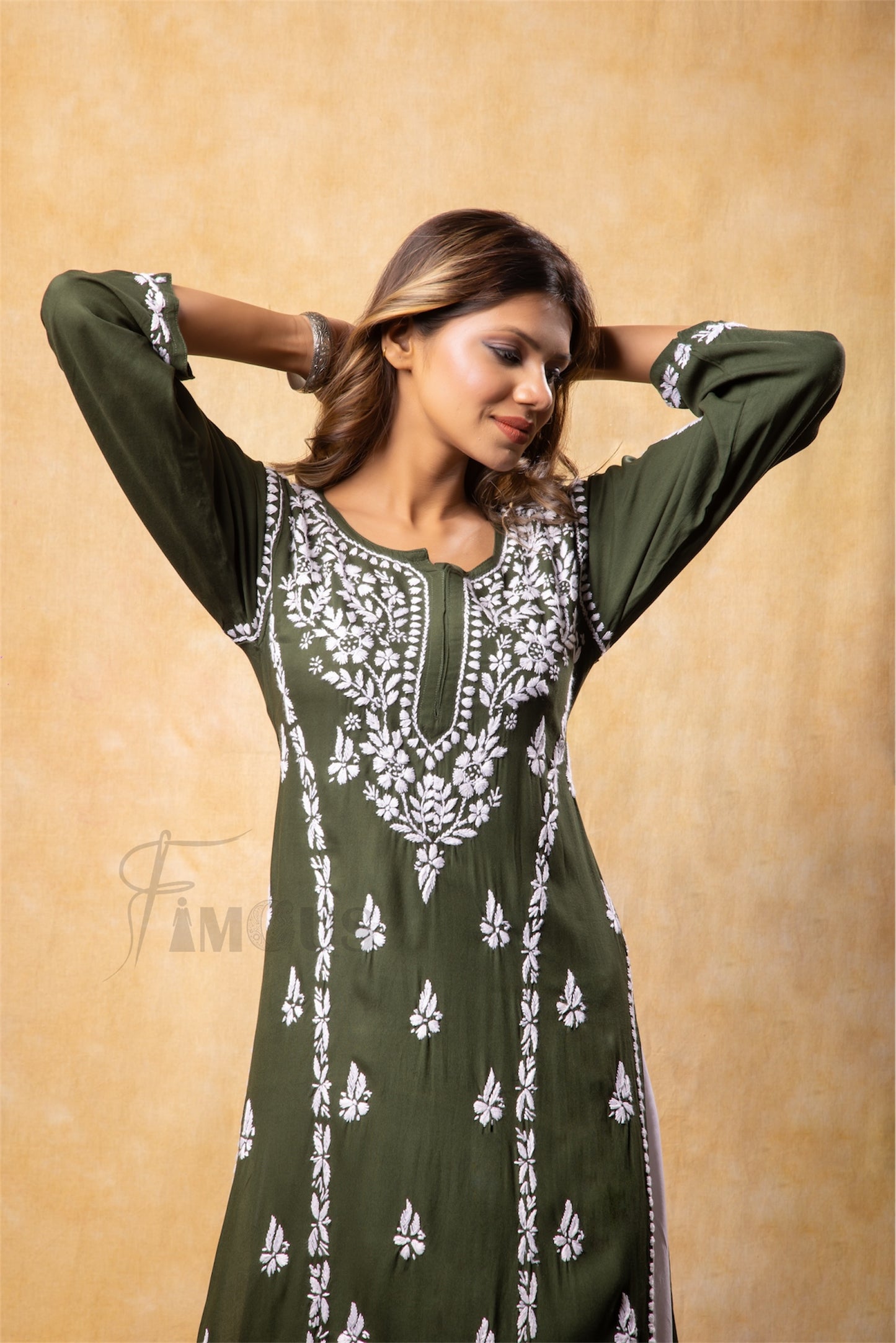 The Aleena: Effortless Rayon Long Kurti with White Chikankari Embroidery|Bottle Green
