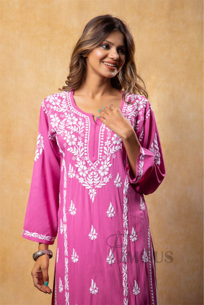 The Aleena: Effortless Rayon Long Kurti with White Chikankari Embroidery|Dark Pink
