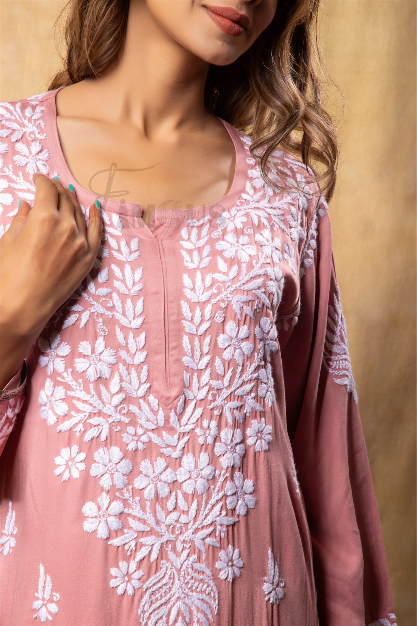 The Amira: Handcrafted Rayon Satin Long Kurti with Chikankari|Rustic Peach