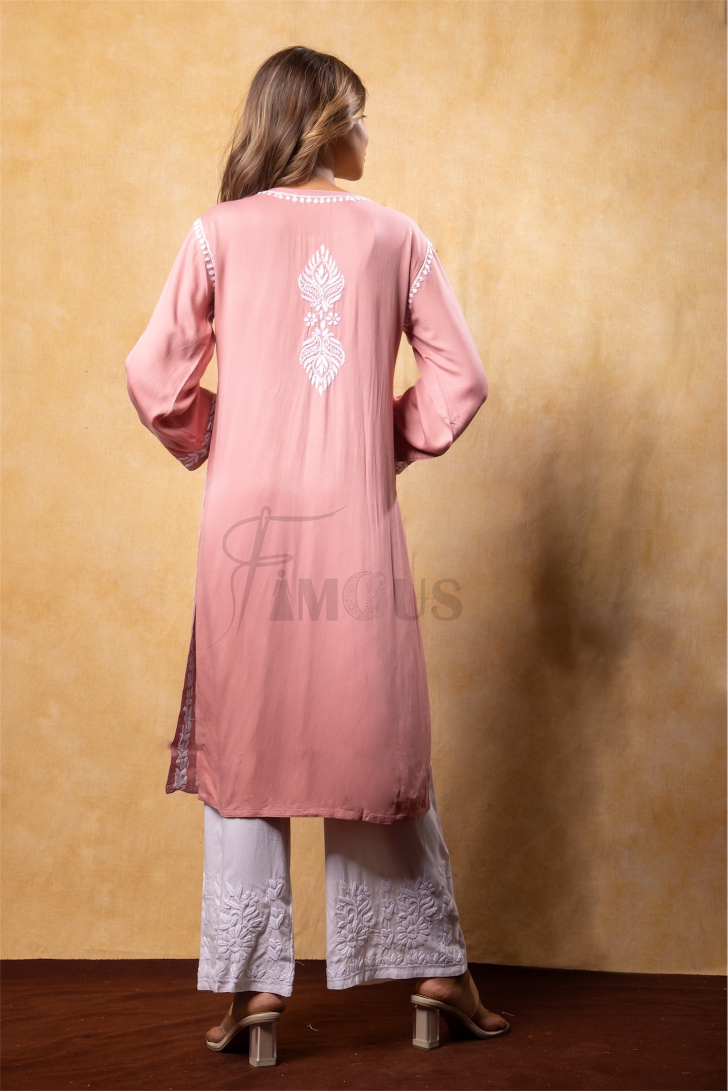 The Amira: Handcrafted Rayon Satin Long Kurti with Chikankari|Rustic Peach
