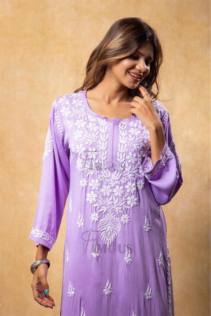 The Amira: Handcrafted Rayon Satin Long Kurti with Chikankari|Lilac