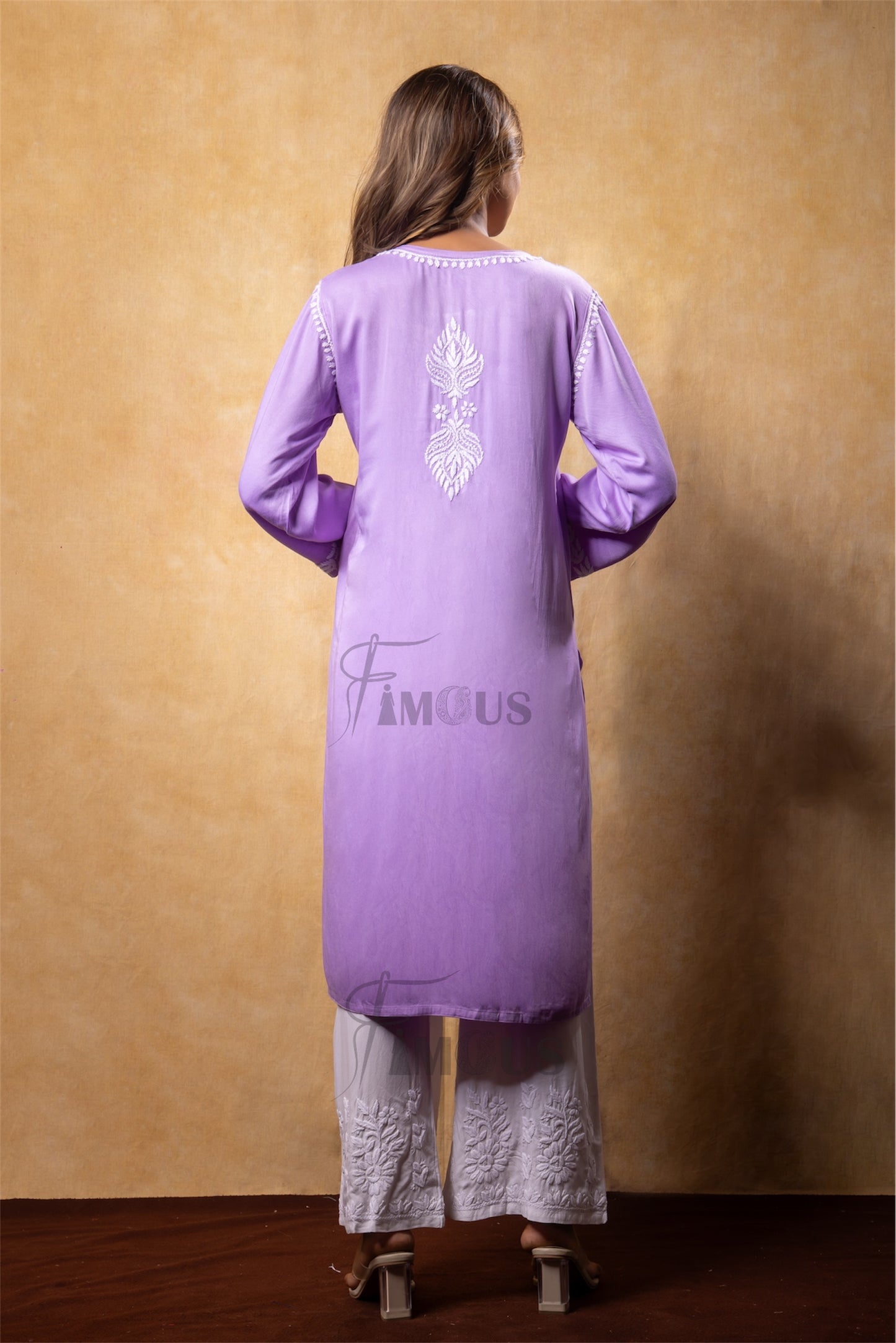 The Amira: Handcrafted Rayon Satin Long Kurti with Chikankari|Lilac
