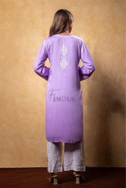 The Amira: Handcrafted Rayon Satin Long Kurti with Chikankari|Lilac