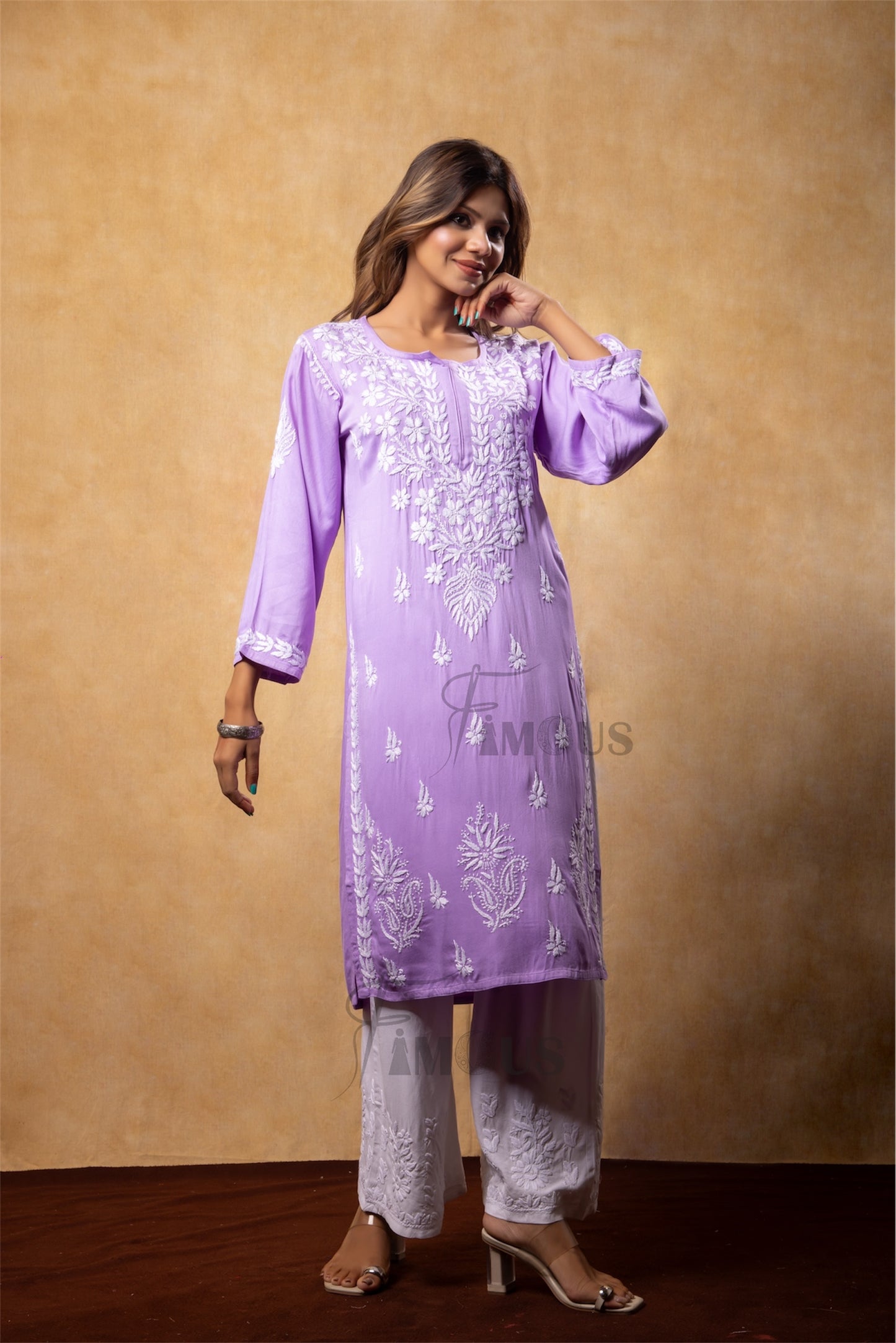 The Amira: Handcrafted Rayon Satin Long Kurti with Chikankari|Lilac