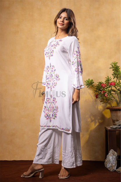 Sia White Chikankari Long Kurti with Multy Embroidery