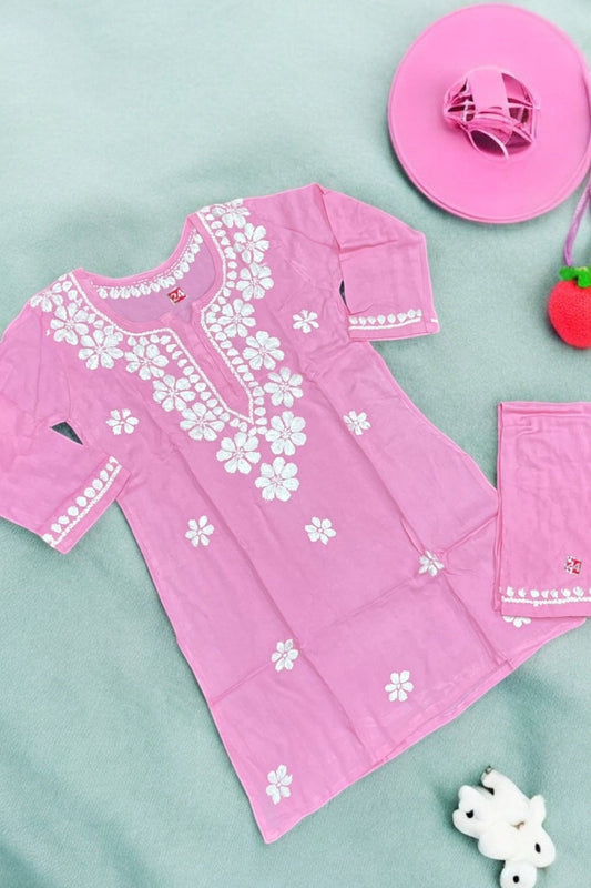 Pink chikankari reyon kidswear dress