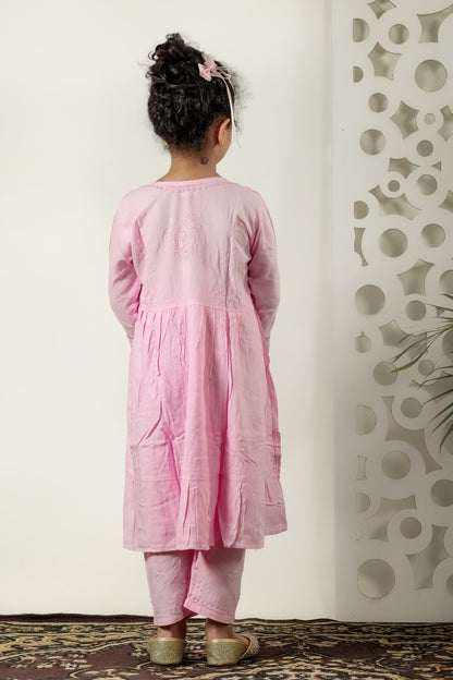 Little Fariya - Pink Chikankari Frill Style Frock Kidswear Set - Famous Chikankari