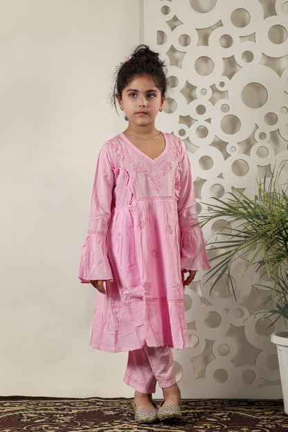 Little Fariya - Pink Chikankari Frill Style Frock Kidswear Set - Famous Chikankari