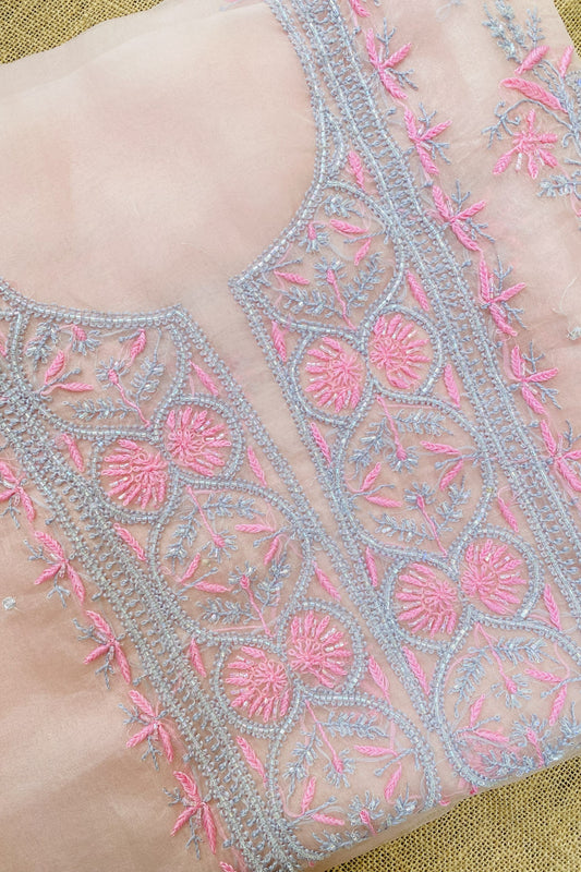 Meher Premium Organza Chikankari Unstiched Dress- Pastel Peach