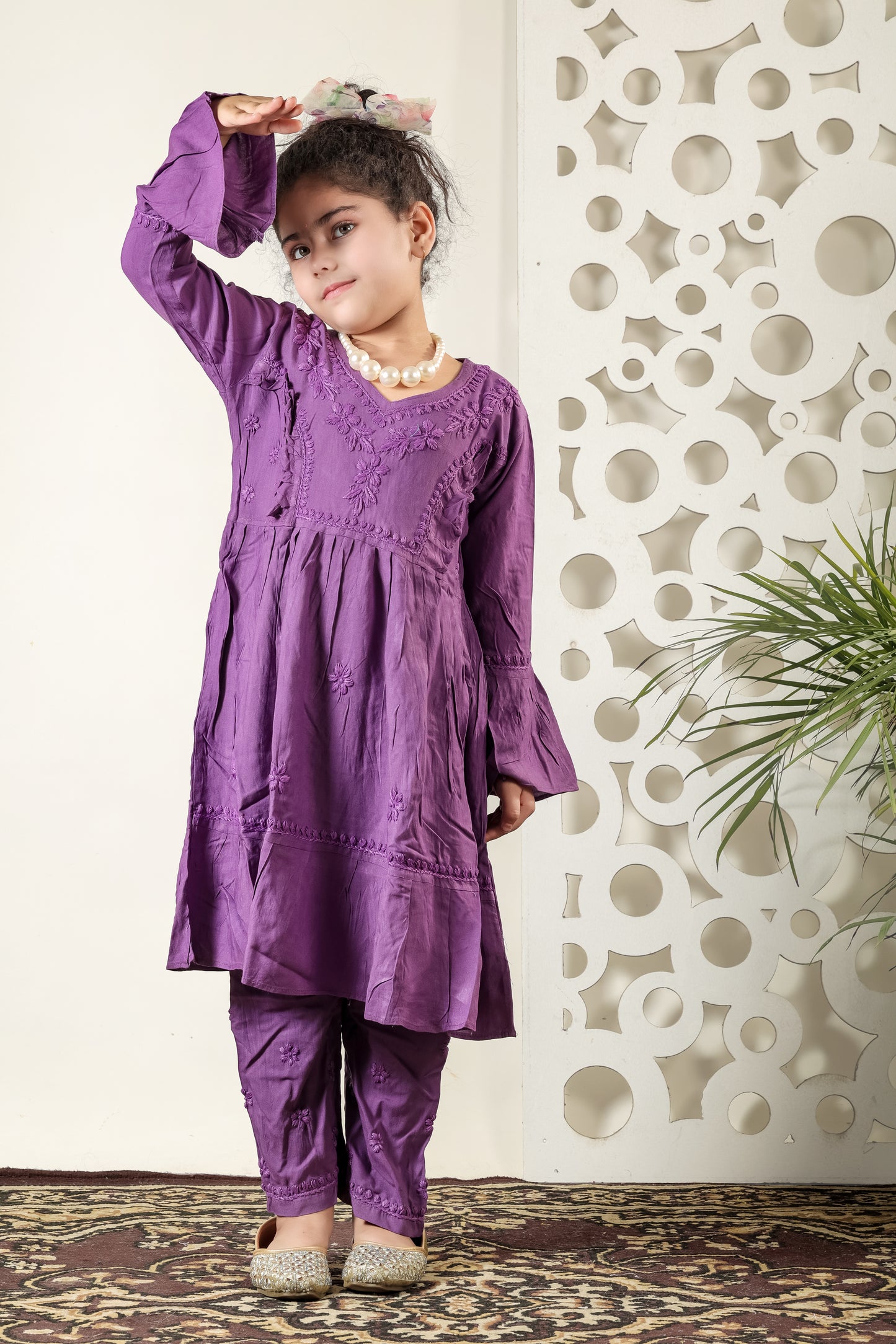Little Fariya - Purple Chikankari Frill Style Frock Kidswear Set