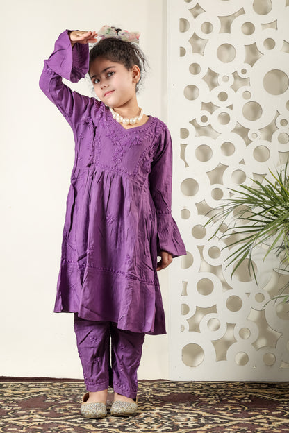 Little Fariya - Purple Chikankari Frill Style Frock Kidswear Set - Famous Chikankari