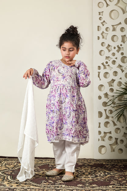 Fiza Angarkha Mul Print Kids Chikankari Set - Purple - Famous Chikankari