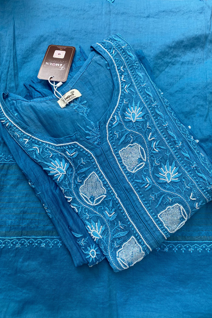 Rahat Blue Ombre Chikankari Semi-Stitched Gown with Dupatta