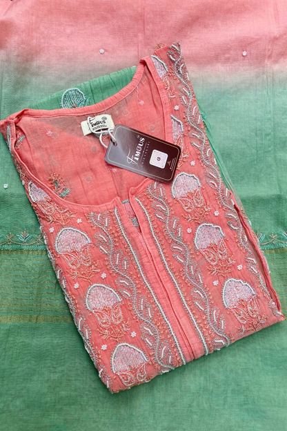 Rahat Dual Tone Chikankari Semi-Stitched Gown Dupatta Set - Peach/Green
