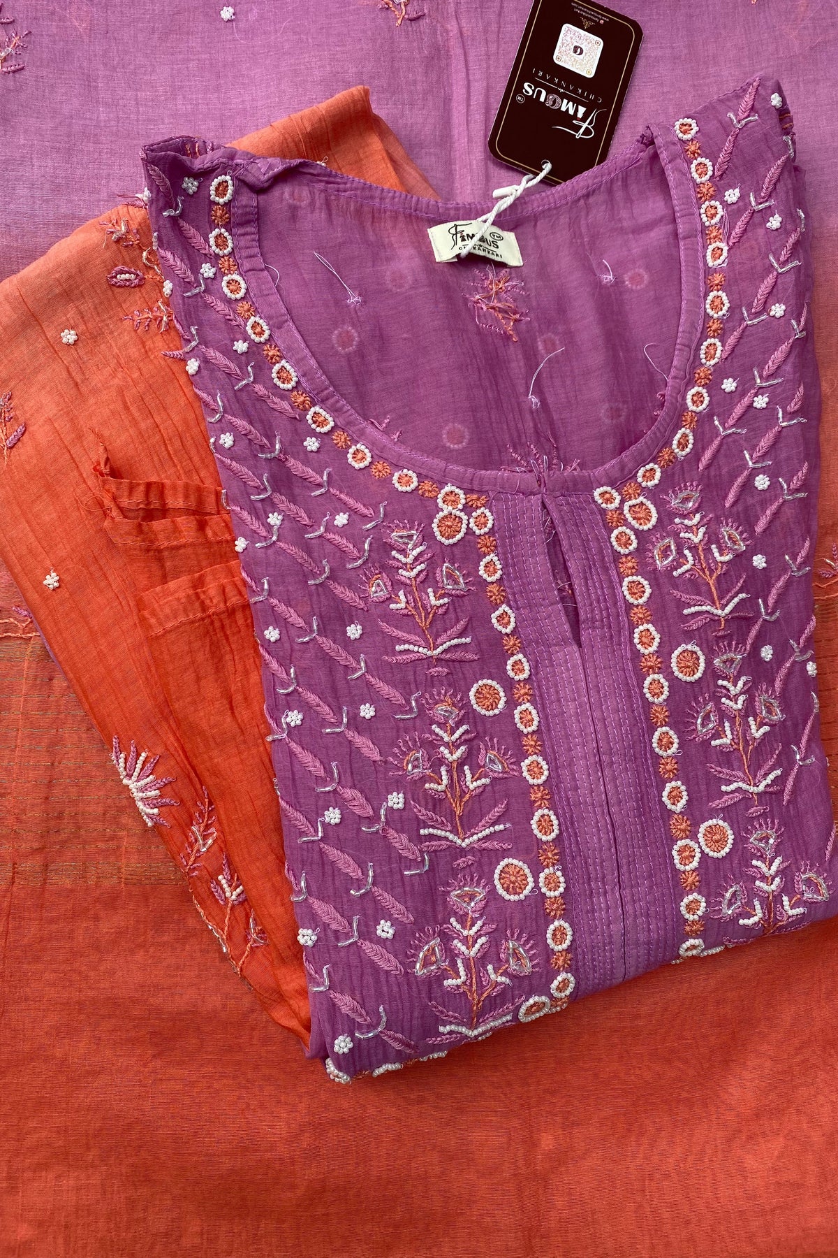 Rahat Dual Tone Chikankari Semi-Stitched Gown Dupatta Set - Purple/Dark Peach