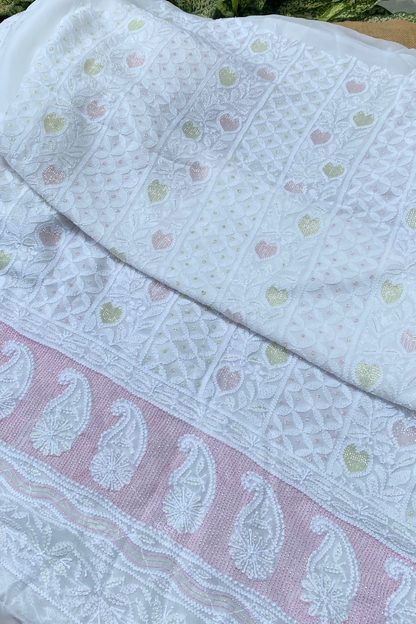 Rangrez Noor| White Chikankari Unstitched Suit with Multicolour Addons - Famous Chikankari