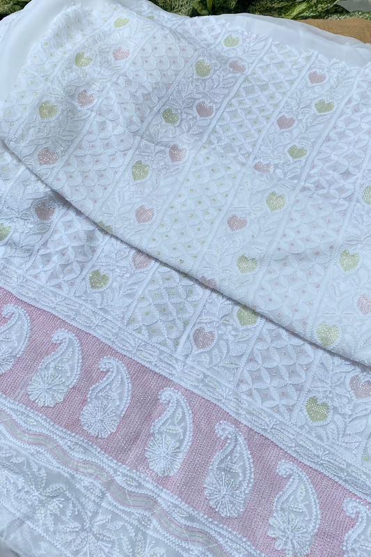 Rangrez Noor| White Chikankari Unstitched Suit with Multicolour Addons - Famous Chikankari