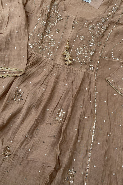 Roohani Semi Stitched Pitta Work Gown Dupatta Set - Chocholate Brown
