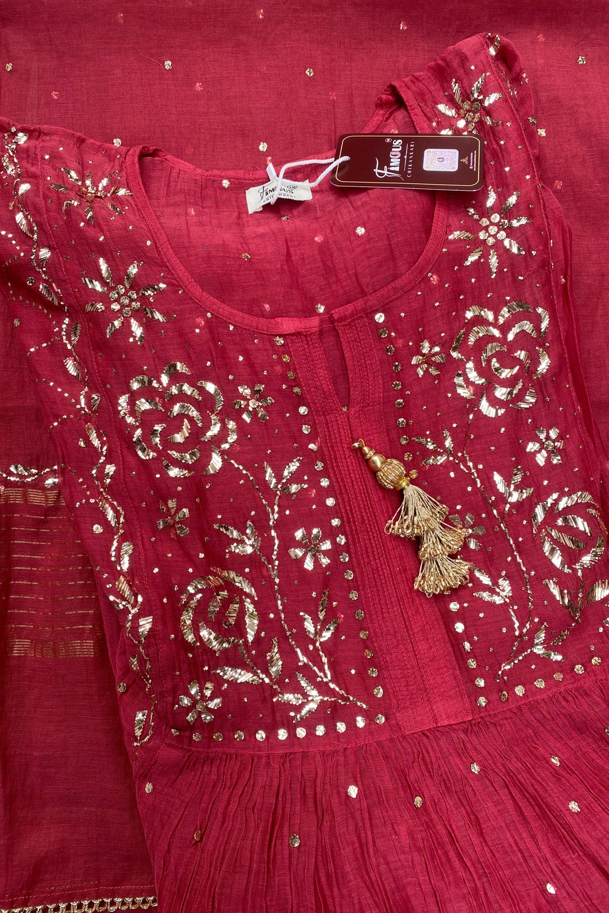Roohani Semi Stitched Pitta Work Gown Dupatta Set - Red