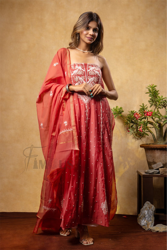 Rust Premium Chikankari Anarkali and Dupatta Set