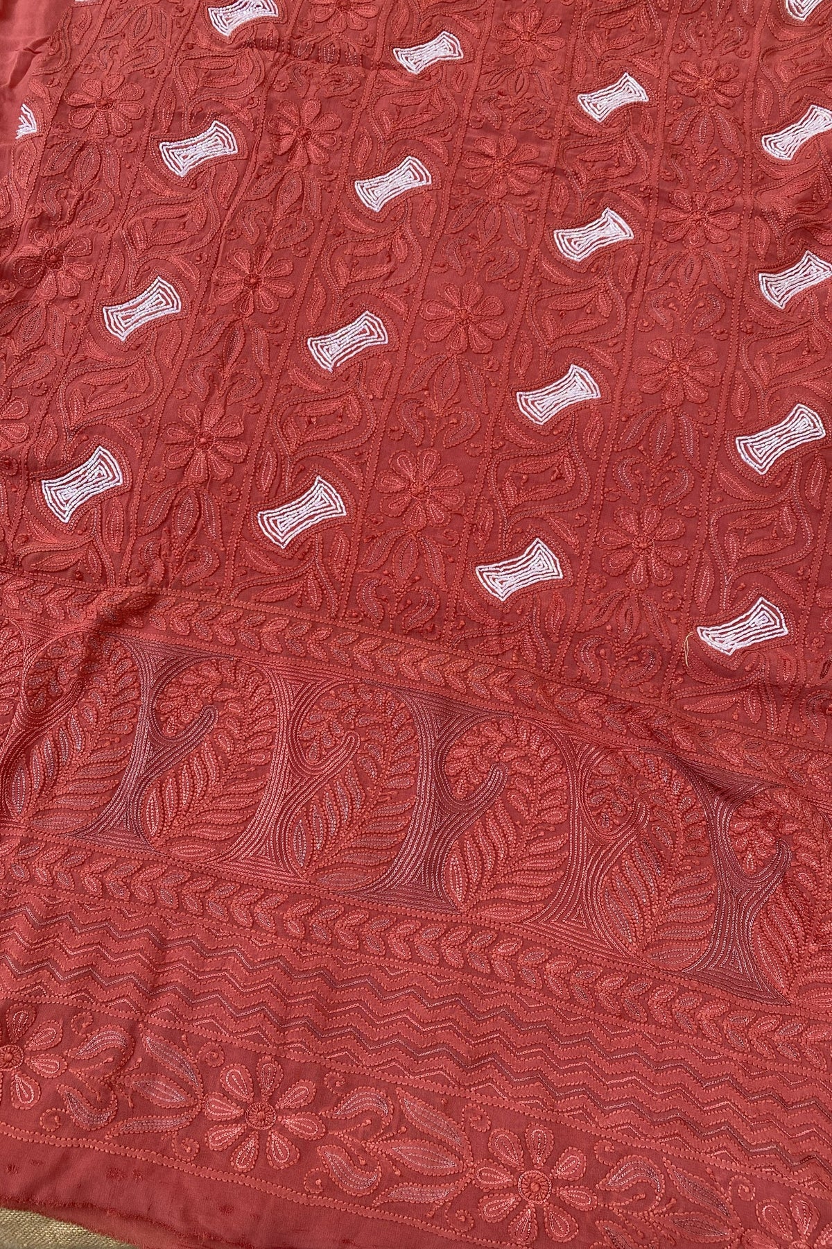 Rust Chikankari Jaalwork Viscose Unstitched Dress