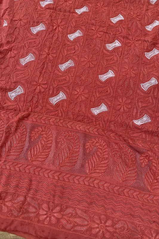 Rust Chikankari Jaalwork Viscose Unstitched Dress