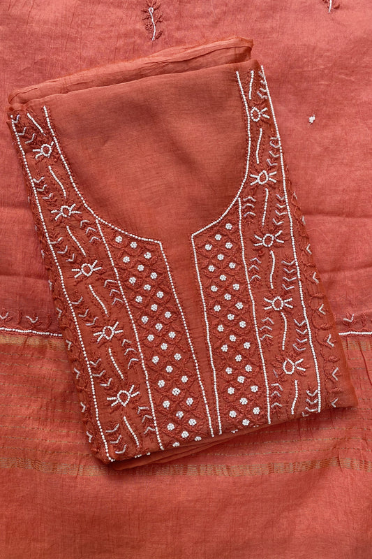 Rust Mul Chanderi Chikankari Unstitched Dress Material