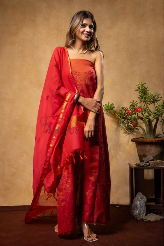 Rustic Orange Chikankari Unstitched Kurta Dupatta in Tissue Chanderi Fabric
