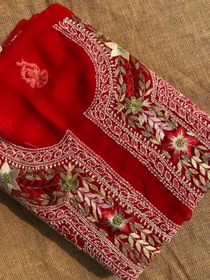 Beautiful Red Chikankari Unstiched Dress - Famous Chikankari