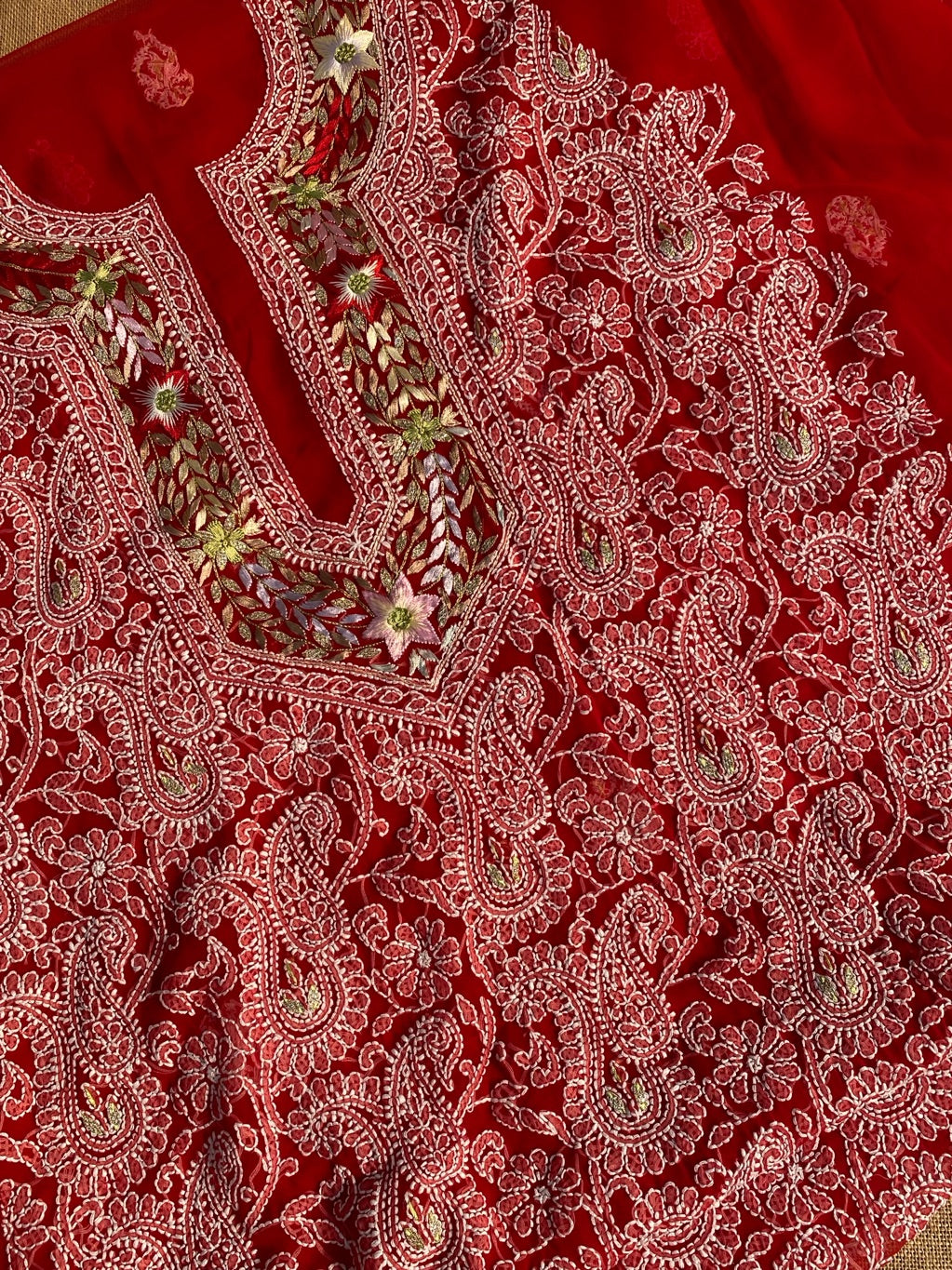 Beautiful Red Chikankari Unstiched Dress