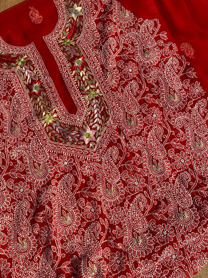 Beautiful Red Chikankari Unstiched Dress - Famous Chikankari