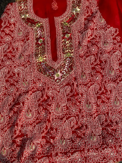 Beautiful Red Chikankari Unstiched Dress - Famous Chikankari