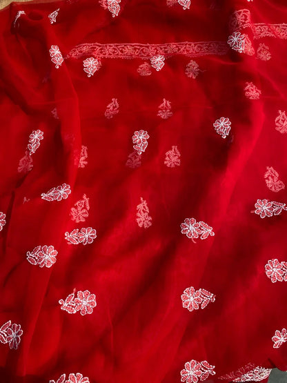 Beautiful Red Chikankari Unstiched Dress - Famous Chikankari