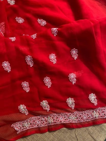 Beautiful Red Chikankari Unstiched Dress - Famous Chikankari