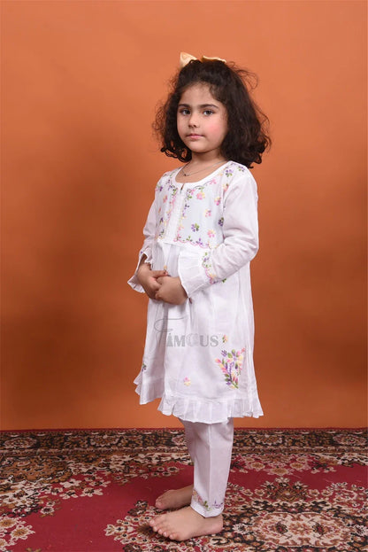 Kids White Chikankari Multy Embroidered Mulmul Sets - Famous Chikankari
