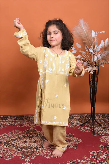Beige Kids Chikankari Naira Style Dress - Famous Chikankari