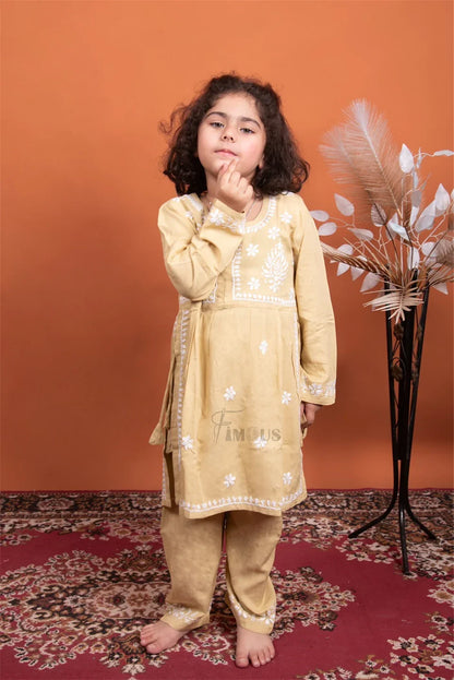 Beige Kids Chikankari Naira Style Dress - Famous Chikankari
