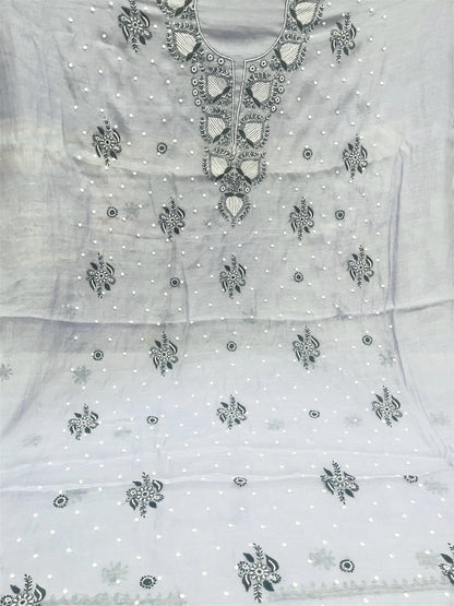 Grey Chikankari Unstiched Dress In Mul Chanderi - Famous Chikankari
