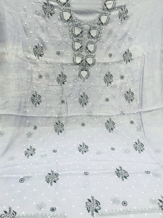 Grey Chikankari Unstiched Dress In Mul Chanderi