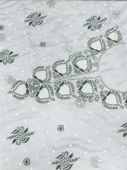 Grey Chikankari Unstiched Dress In Mul Chanderi - Famous Chikankari