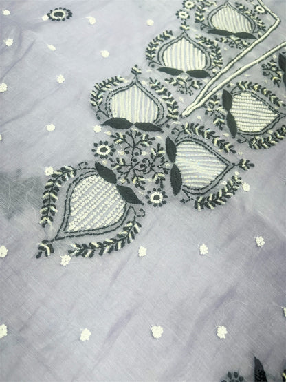 Grey Chikankari Unstiched Dress In Mul Chanderi - Famous Chikankari