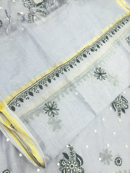 Grey Chikankari Unstiched Dress In Mul Chanderi - Famous Chikankari